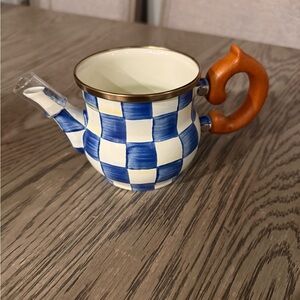 Mackenzie Childs Checkered Blue and White Teapot  with Wooden Handle